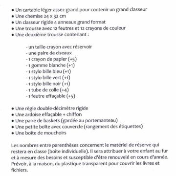 Liste des fournitures scolaire du R.P.I.