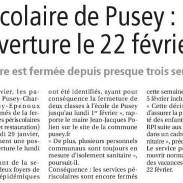 Revue de presse : Périscolaire de Pusey : réouverture le 22 février