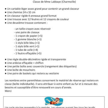 Liste des fournitures scolaire du R.P.I.